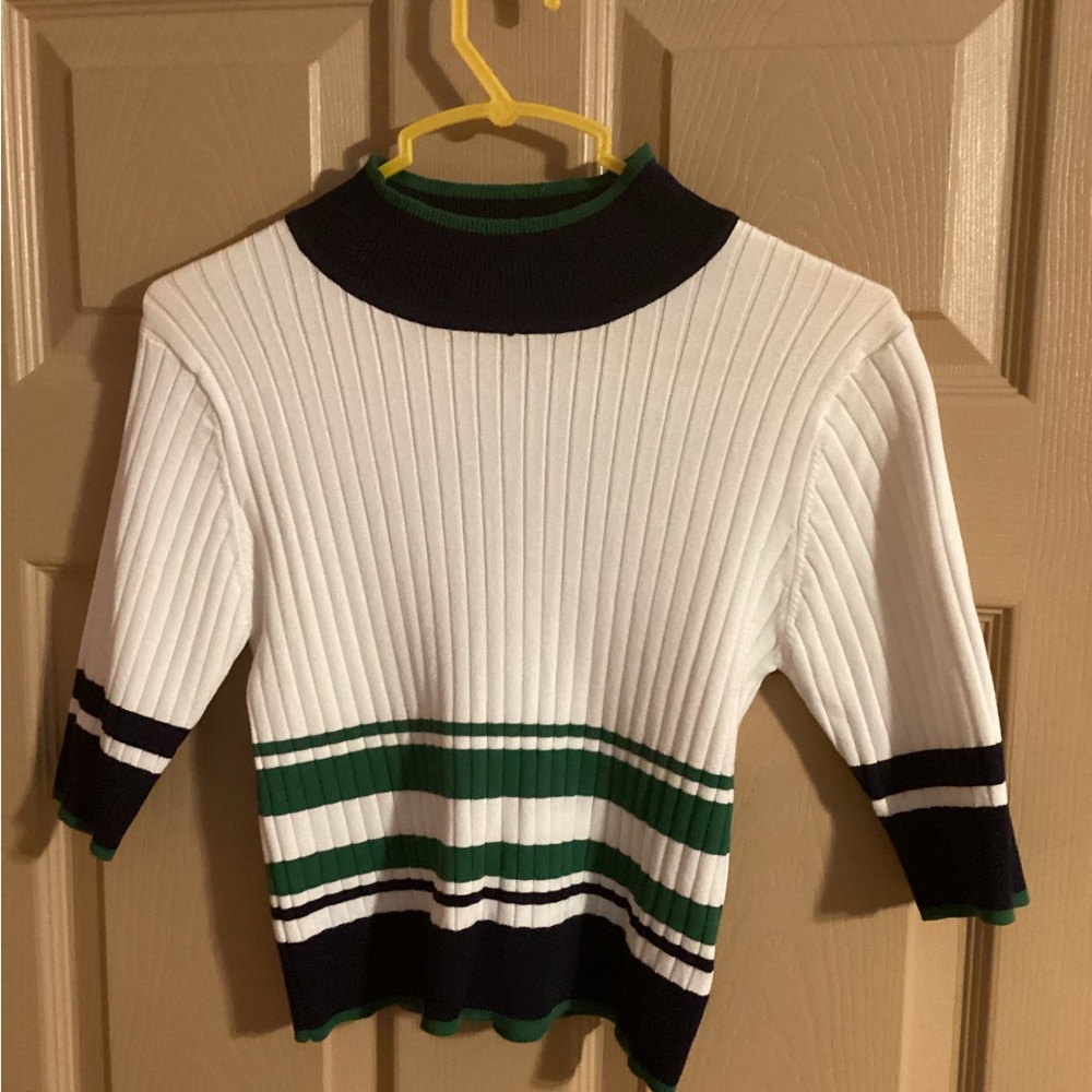Stylish White and Green Women's  Sporty Crop top Sweater